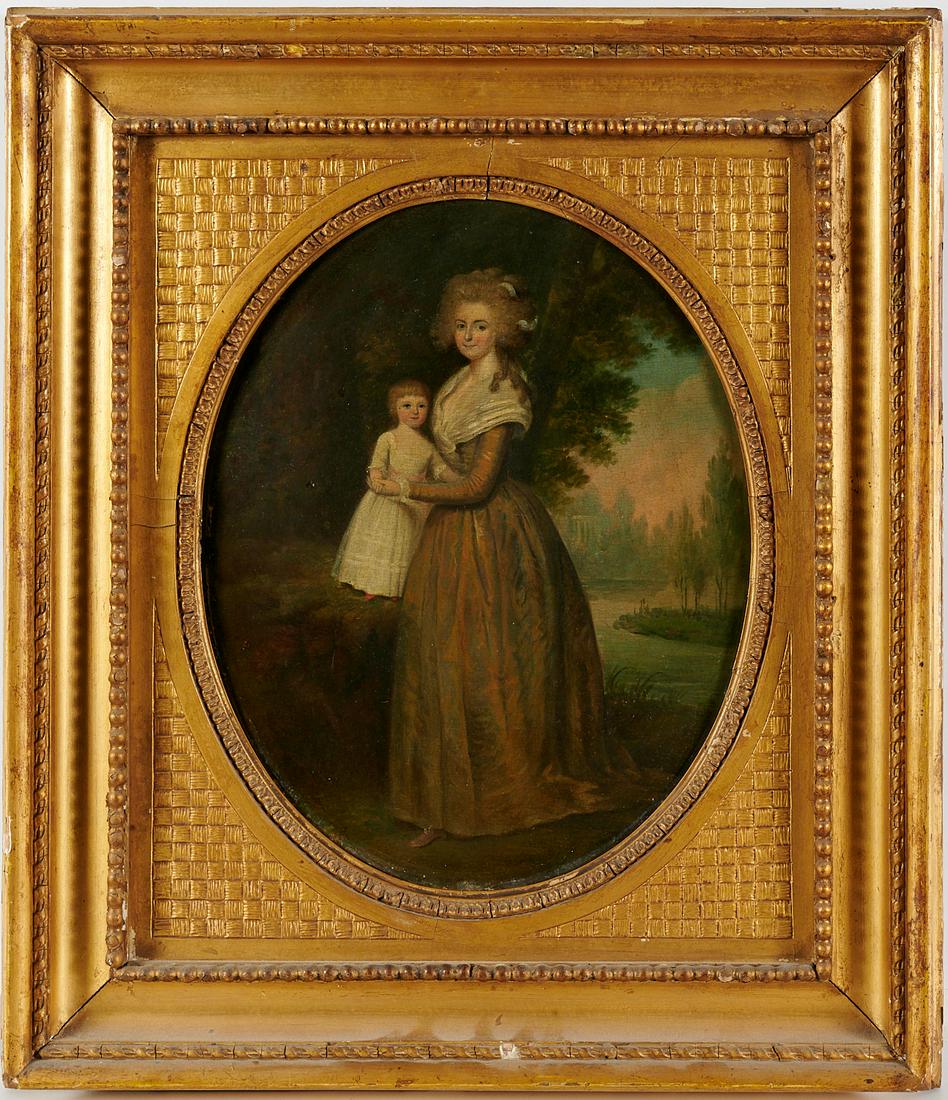 John Downman (attrib), Oil on Panel: John Downman (attrib), Oil on Panel, Attributed to John Downman (British, 1750-1824), Mother and Child, c. 1760, oil on panel, possible signature lower left, early stenciled inventory on panel verso,