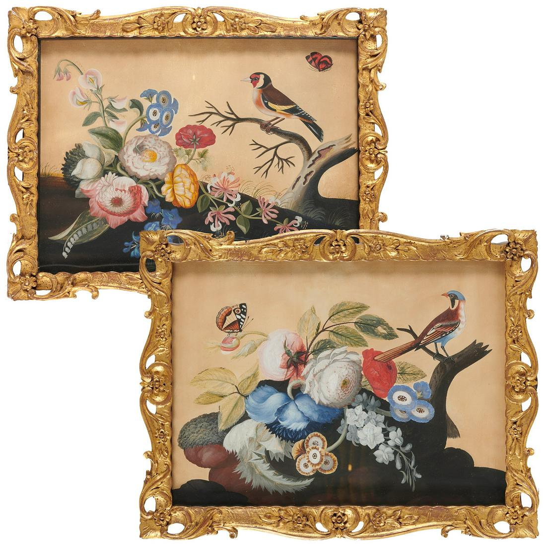 Samuel Dixon, (2) Basso-Relievo Paintings: Samuel Dixon, (2) Basso-Relievo Paintings, Samuel Dixon (Irish, d. 1769), Birds and Flowers, pair gouaches on embossed paper, unsigned, 11" h x 15" w, carved giltwood frames Provenance: The Collection