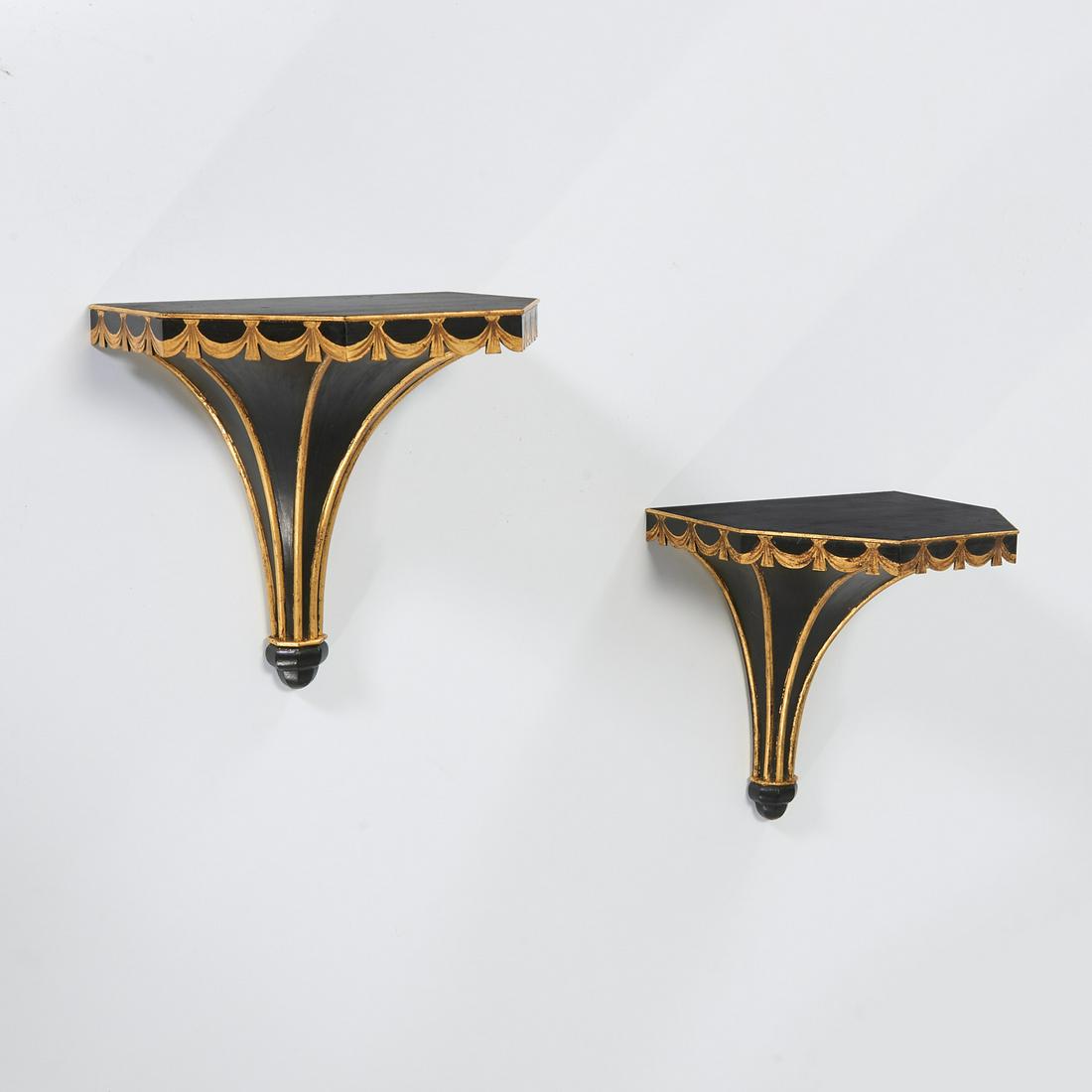 Pair Regency Style Painted and Gilt Wall Brackets: Pair Regency Style Painted and Gilt Wall Brackets, 20th c., with drapery swag aprons and acorn drops, 12" h x 11" w x 9"d Provenance: The Collection of Elizabeth “Betty" Seeler; Colefax & Fowler, Br