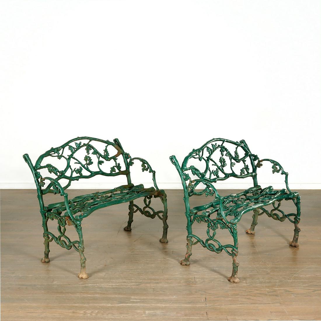 Nice Pair James Beebe & Co. Cast-Iron Settees: Nice Pair James Beebe & Co. Cast-Iron Settees, 19th c., molded foundry mark to seat "James Beebe & Co., NY", with a twig, oak tree, and snake ornamentation throughout, painted green, 29" h x 35" w x 1