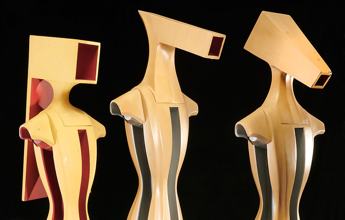 (3) Amazing Space Age couture mannequins: (3) Amazing Space Age couture mannequins, 1970s, possibly French or Italian, reminiscent of Rudi Gernreich and Pierre Cardin, painted, molded plastic or fiberglass on removable metal stands with wheel