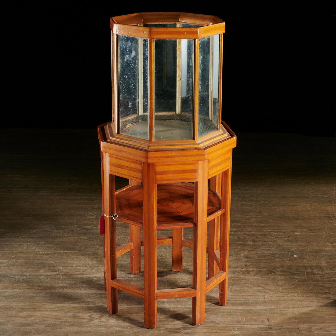 Antique inlaid wood terrarium or aquarium: Antique inlaid wood terrarium or aquarium, Late 19th/20th c., octagonal tank with glass panels with metal lined bottom, on matching two-tiered parquetry stand, 18"h x 18"dia (tank), 29"h x 21"dia (sta