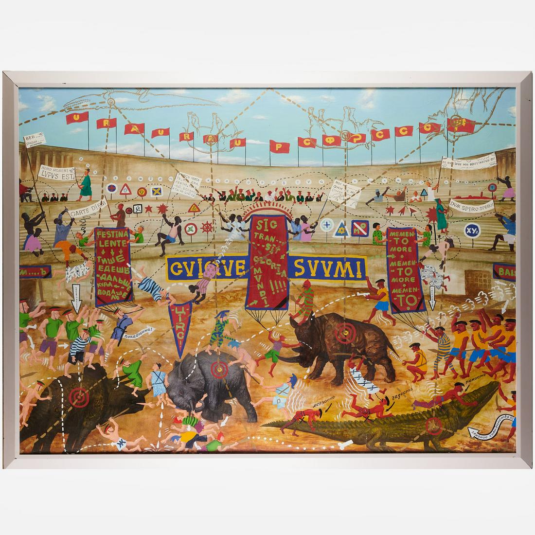 Marian Zacharow, large scale painting: Marian Zacharow, large scale painting, Marian Christopher Zacharow (Polish/American, b. 1954), "Circus", oil on canvas, signed verso with inscription (in Cyrillic), approx. 66"h x 89.5"w (sight), 72.5