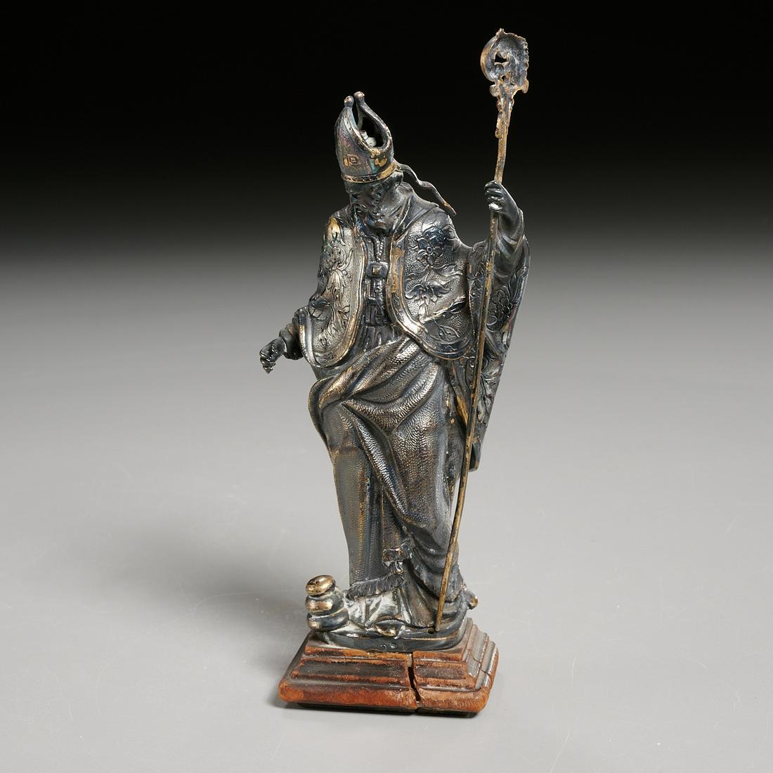 Continental silvered metal Saint or Pope: Continental silvered metal Saint or Pope, 18th/19th c., nicely cast, with mitre and crosier, touchmark to base, 8"h x 3.25"w (total)