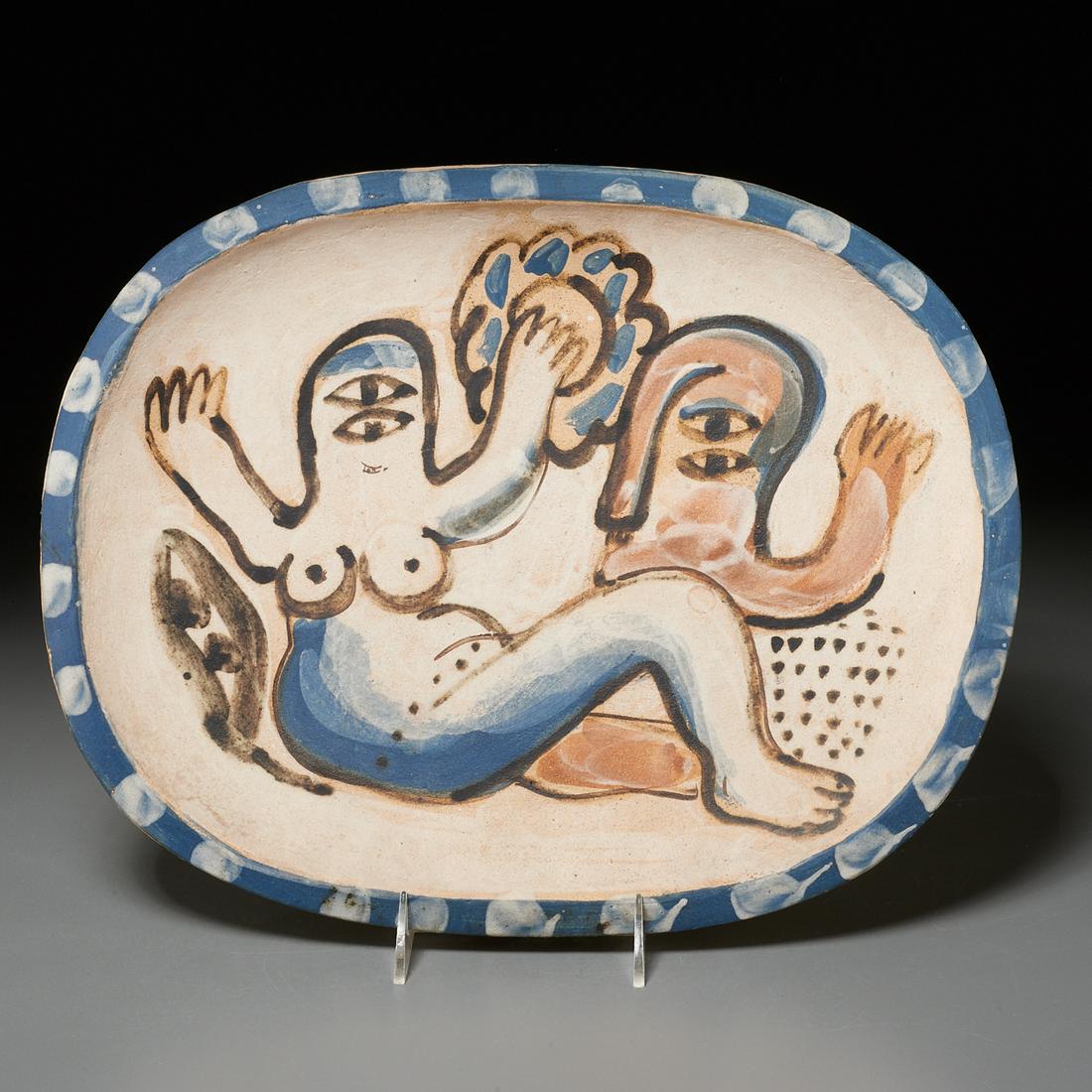 Horst Antes, ceramic charger, 1964: Horst Antes, ceramic charger, 1964, Horst Antes (German, b. 1936), Plate # 23, polychrome glazed ceramic, crayon signed "Antes" verso and numbered 64/65, 15.5"l x 12"w Provenance: The Robert B. and Be