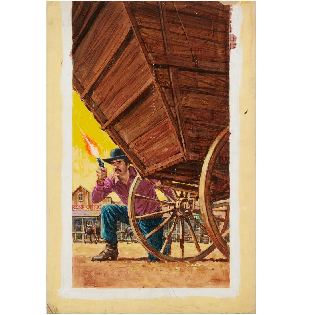 Gil Cohen, Western pulp original cover art: Gil Cohen, Western pulp original cover art, Gil Cohen (American, b. 1931), "Gun Trap at Bright Water", c. 1972, by Dan J. Stevens, oil on illustration board, signed lower right, 30"h x 20"w (board), u