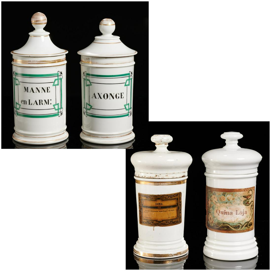 (4) French and Spanish porcelain apothecary jars: (4) French and Spanish porcelain apothecary jars, 19th c., French jars labeled "Axonge" and "Manne en Larm", 10"h (taller), x 4.5"dia; with Spanish jars with paper labels "Cainca" and "Quina Loja", no