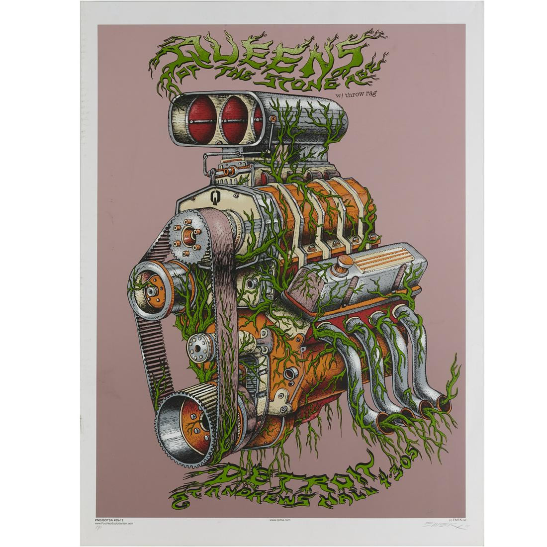 Emek, artist signed concert poster: Emek, artist signed concert poster, Emek, (Israeli, b. 1970), "Queens of the Stone Age" show Detroit, 2005, screen printed poster, with artists impression, pencil signed and dated "05", marked "pp" (p