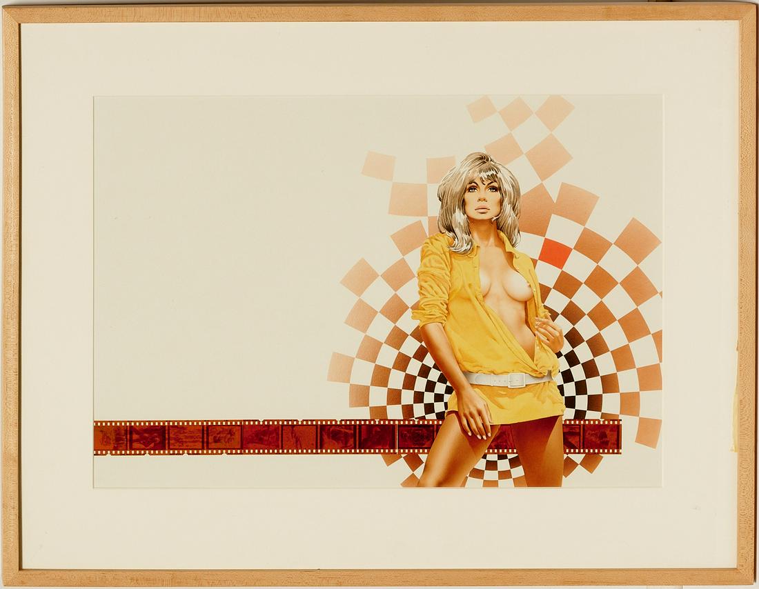 Mel Ramos (manner), pinup painting: Mel Ramos (manner), pinup painting, Manner of Mel Ramos (American, 1935-2018), Eighties pinup, watercolor on paper with photo negative collage, no signature visible, 15"h x 22"w (sight), matted and fr