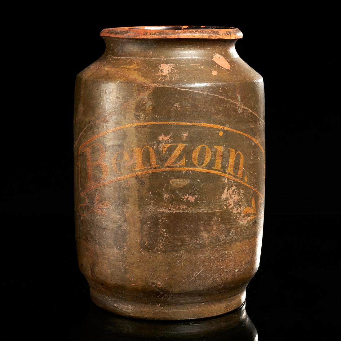 Antique slip decorated redware drug jar: Antique slip decorated redware drug jar, 19th c., "Benzoin", gallery note included, 8.5"h x 5.5"dia Provenance: Bernie Krauss Antiques