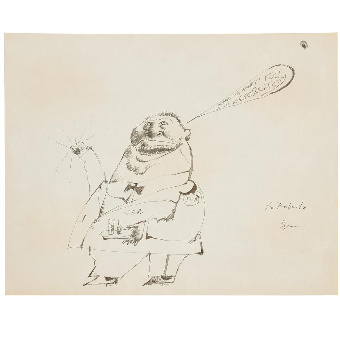 Byron Humphrey, original cartoon art: Byron Humphrey, original cartoon art, Byron Humphrey (American, 1940-2009), "Wake up Honey! You is in de Crescent City", ink on paper, c. 1970, signed lower right, inscribed "To Roberta", 11"h x 14"w 