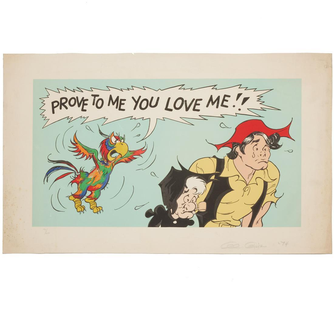 Al Capp, signed Li'l Abner lithograph: Al Capp, signed Li'l Abner lithograph, Al Capp (American, 1909-1979), "Prove to Me You Love Me!!", lithograph on paper, pencil signed and numbered (142/250), dated 1974, copyright stamp on verso, loos