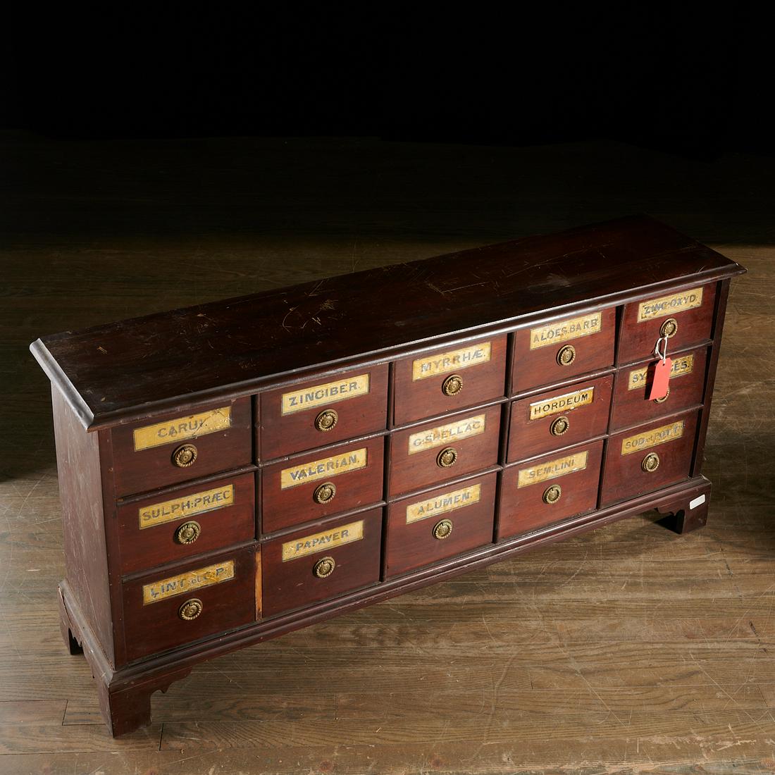 Antique 15-drawer apothecary cabinet: Antique 15-drawer apothecary cabinet, 19th c., probably American, mahogany with eglomise labels, on bracket feet, 23"h x 48.5"w x 11"d