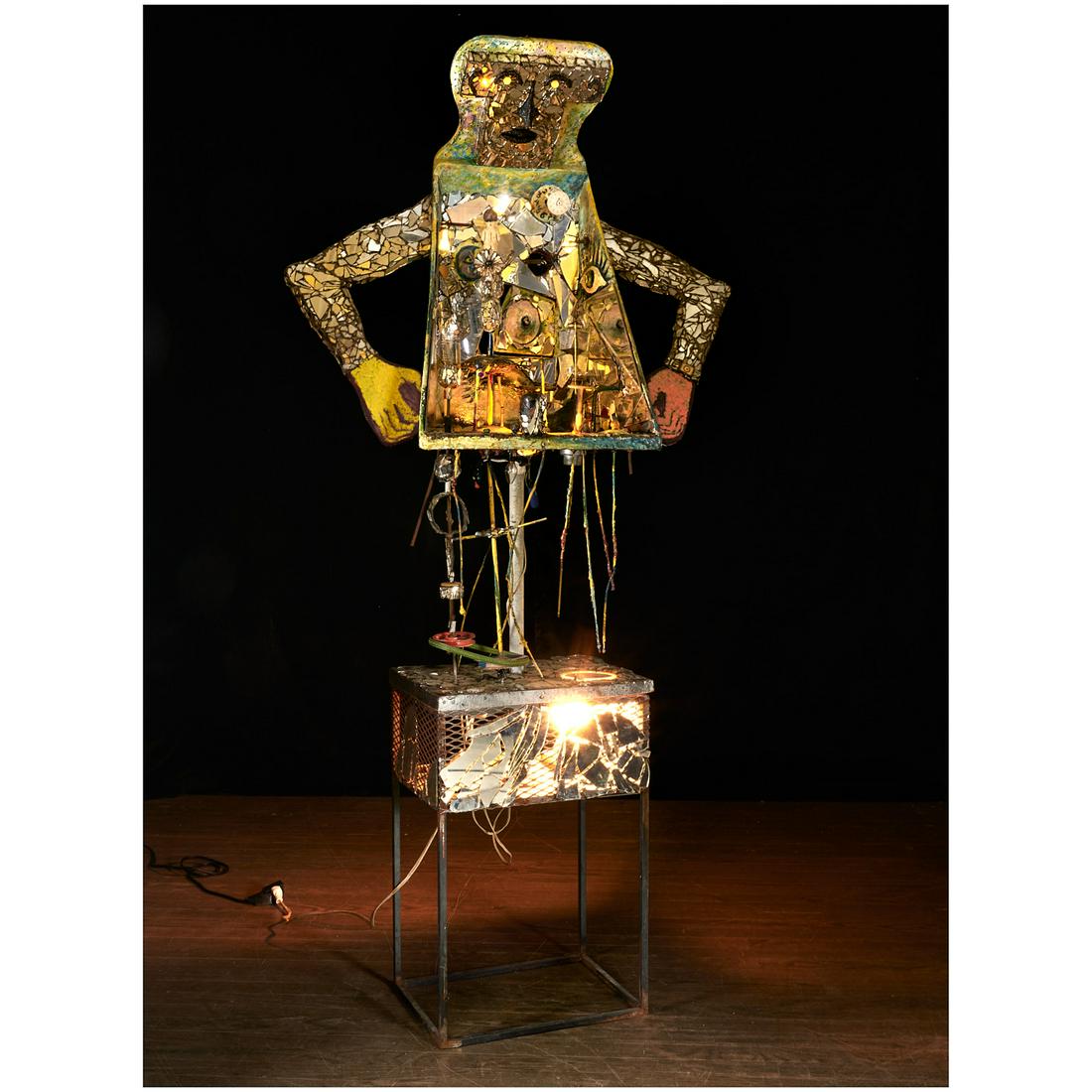 Leo Sewell (manner), found object sculpture: Leo Sewell (manner), found object sculpture, Manner of Leo Sewell (American, b. 1945), Humanoid form, mixed media incl. mirror fragments, metal, found objects, pieces rotate and lightbulbs light when