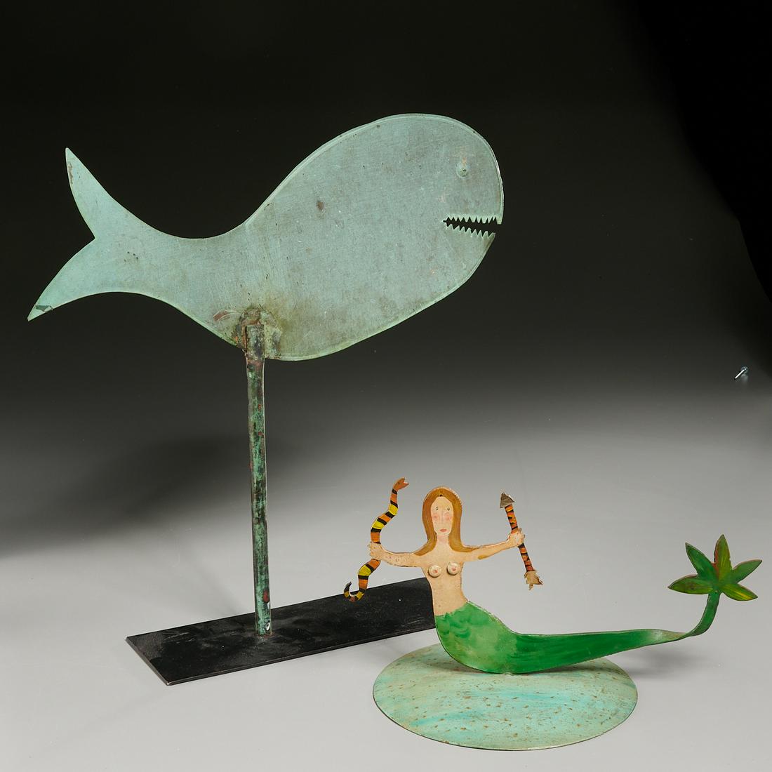 American Folk Art whale and mermaid: American Folk Art whale and mermaid, 20th c., incl. a Nancy Thomas painted sheet metal mermaid, signed and dated (1991), and a copper sheet whale (possibly Dante Smith) weathervane on stand, no visibl