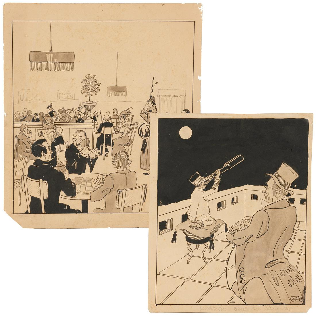 Georges Goursat (circle), WWI era illustration art: Georges Goursat (circle), WWI era illustration art, Circle of Georges 'SEM' Goursat (French, 1863-1934), Political cartoons (possibly Catalan), ink and wash on paper, initialed and dated lower right, 