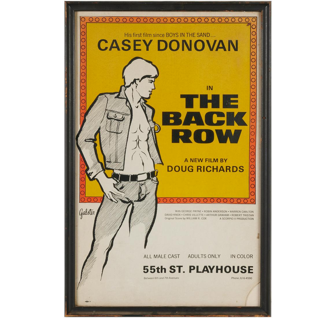 1973 movie poster "The Back Row" gay erotica: 1973 movie poster "The Back Row" gay erotica, Offset printed poster on paper, advertising for film by Doug Richards aka Jerry Douglas, drawing by Robert Galster, 23"h x 15"w (frame)