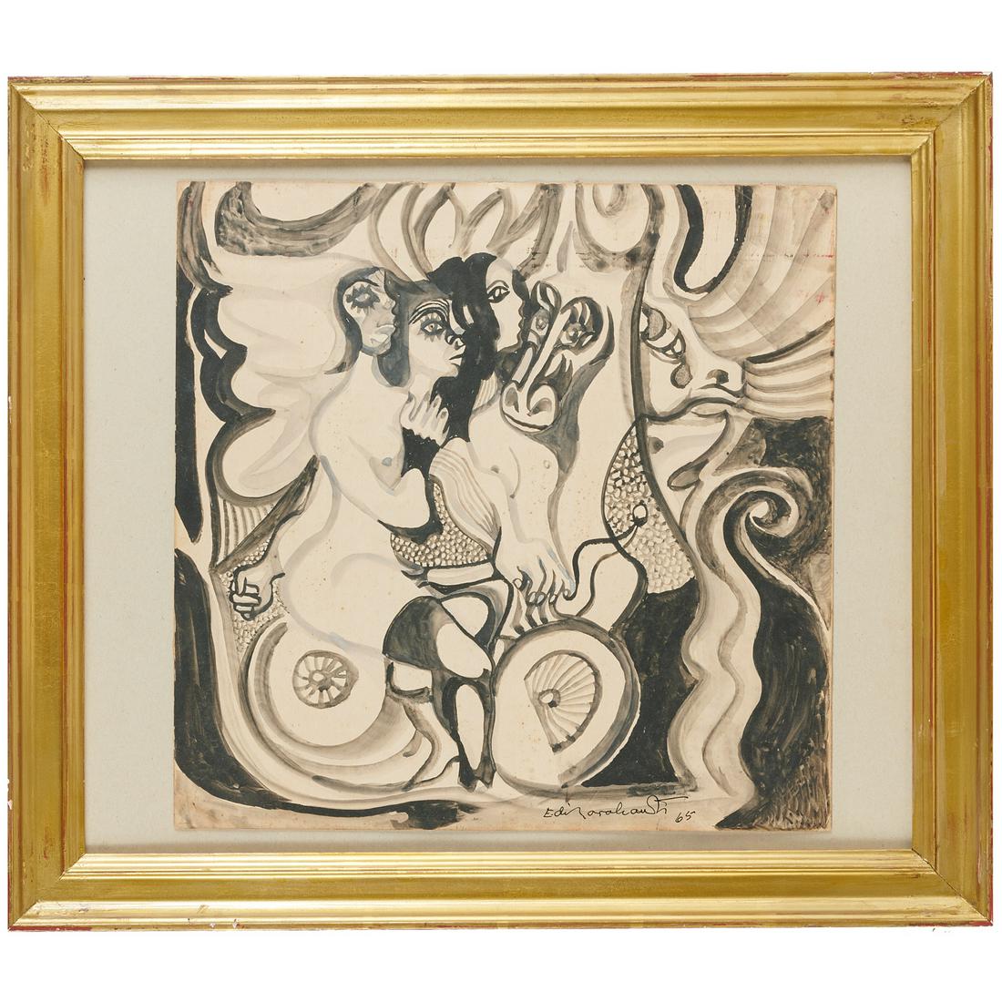 Emiliano Di Cavalcanti (attrib.), painting: Emiliano Di Cavalcanti (attrib.), painting, Emiliano Di Cavalcanti (Brazilian, 1897-1976), Three Mulheres con Cavallo, brush and ink on board, signed "E. di Cavalcanti" and dated at lower right, 14.75
