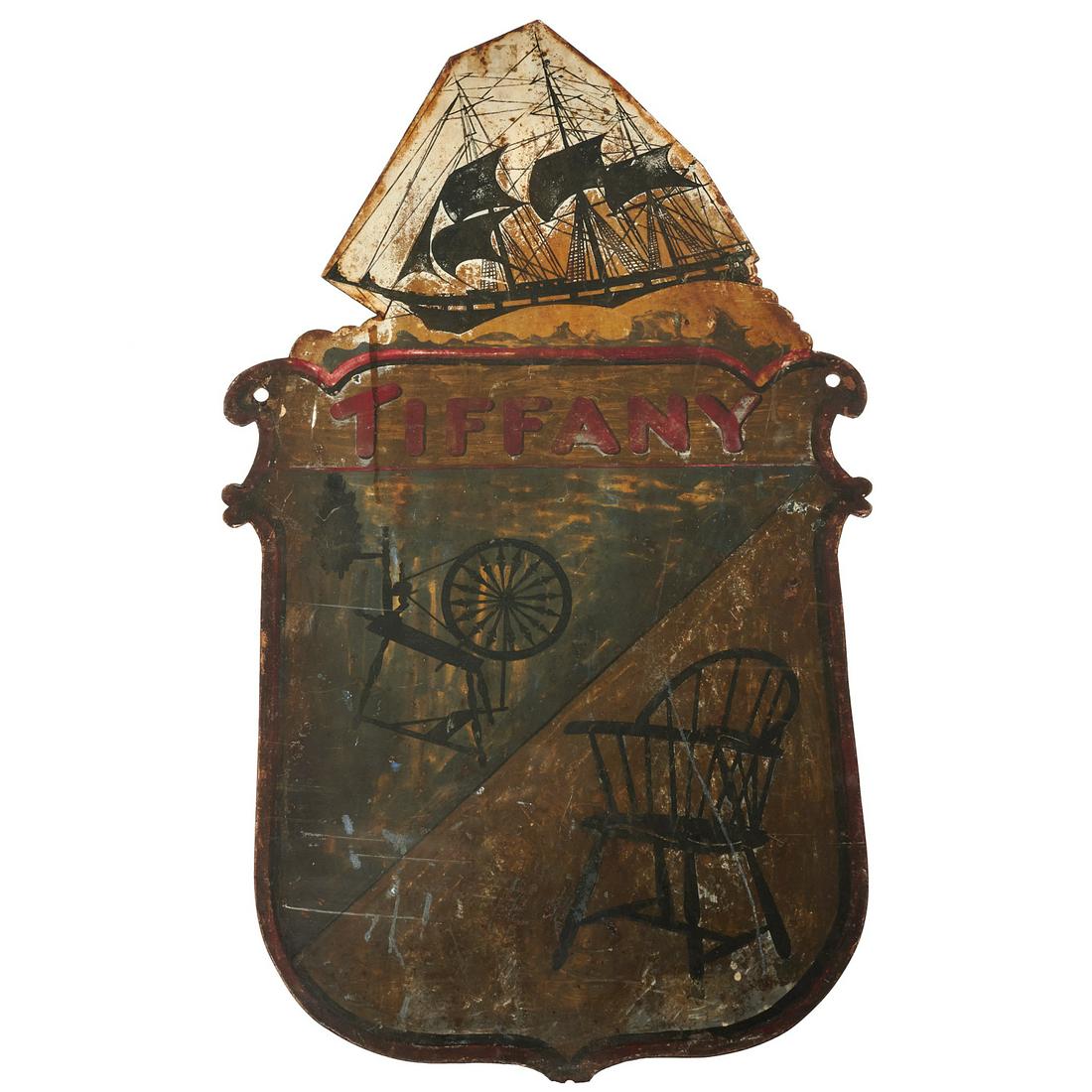 Vintage metal trade sign "Tiffany": Vintage metal trade sign "Tiffany", Likely 20th c., features silhouettes of a sailing ship, spinning wheel and chair, 31.5"h, x 18"w