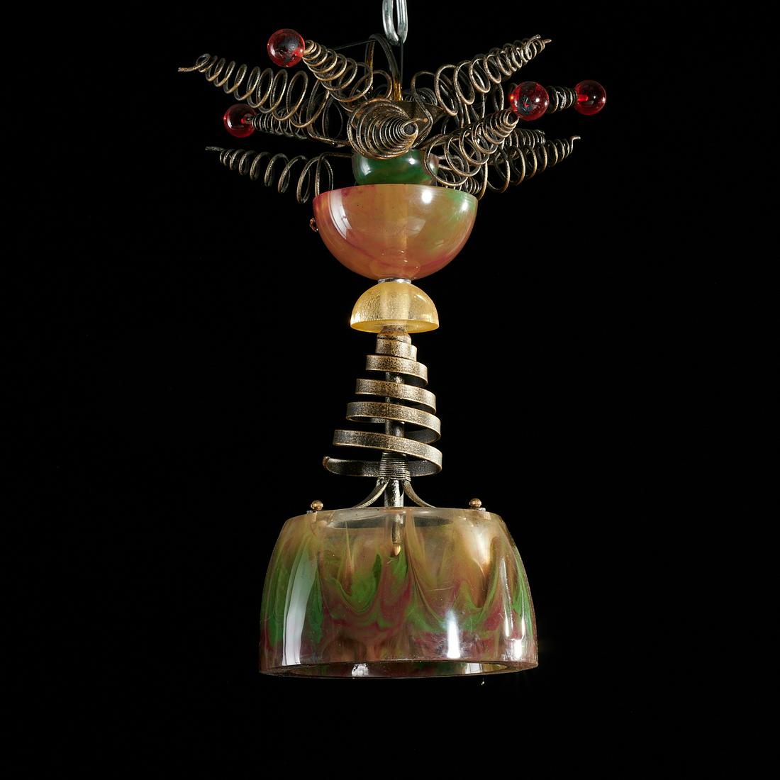 Hivo van Teal (attrib), pendant chandelier: Hivo van Teal (attrib), pendant chandelier, Attributed to Hivo van Teal (Cuban, 20th c.), Memphis style fixture, multi-color translucent cast acrylic and metal, with a single chandelier-bulb socket, 2