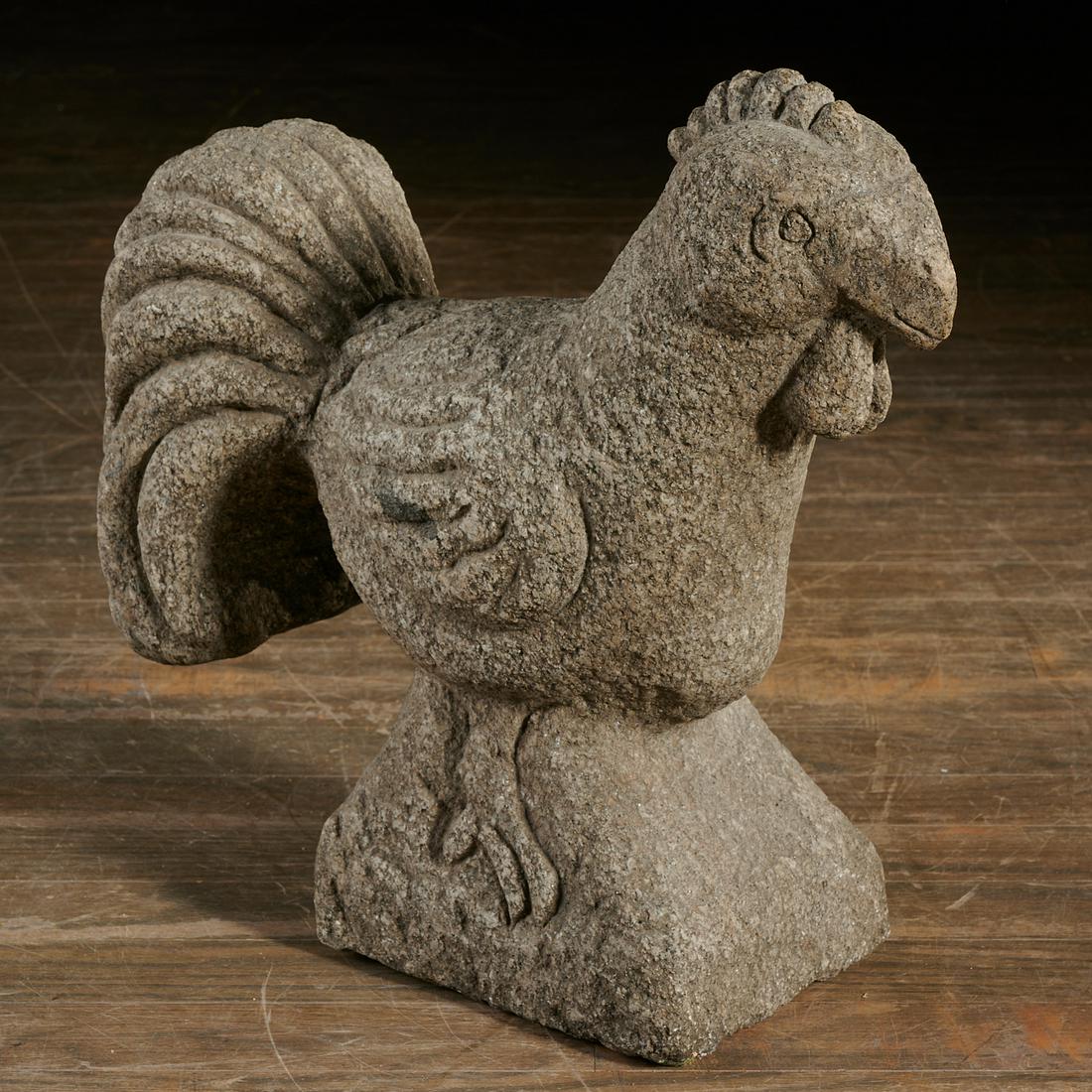 William Edmundson (manner), stone sculpture: William Edmundson (manner), stone sculpture, Manner of William Edmundson (African American, 1874-1951), Folky rooster, carved granite, unmarked, 14'h x 14"l x 5.5"w