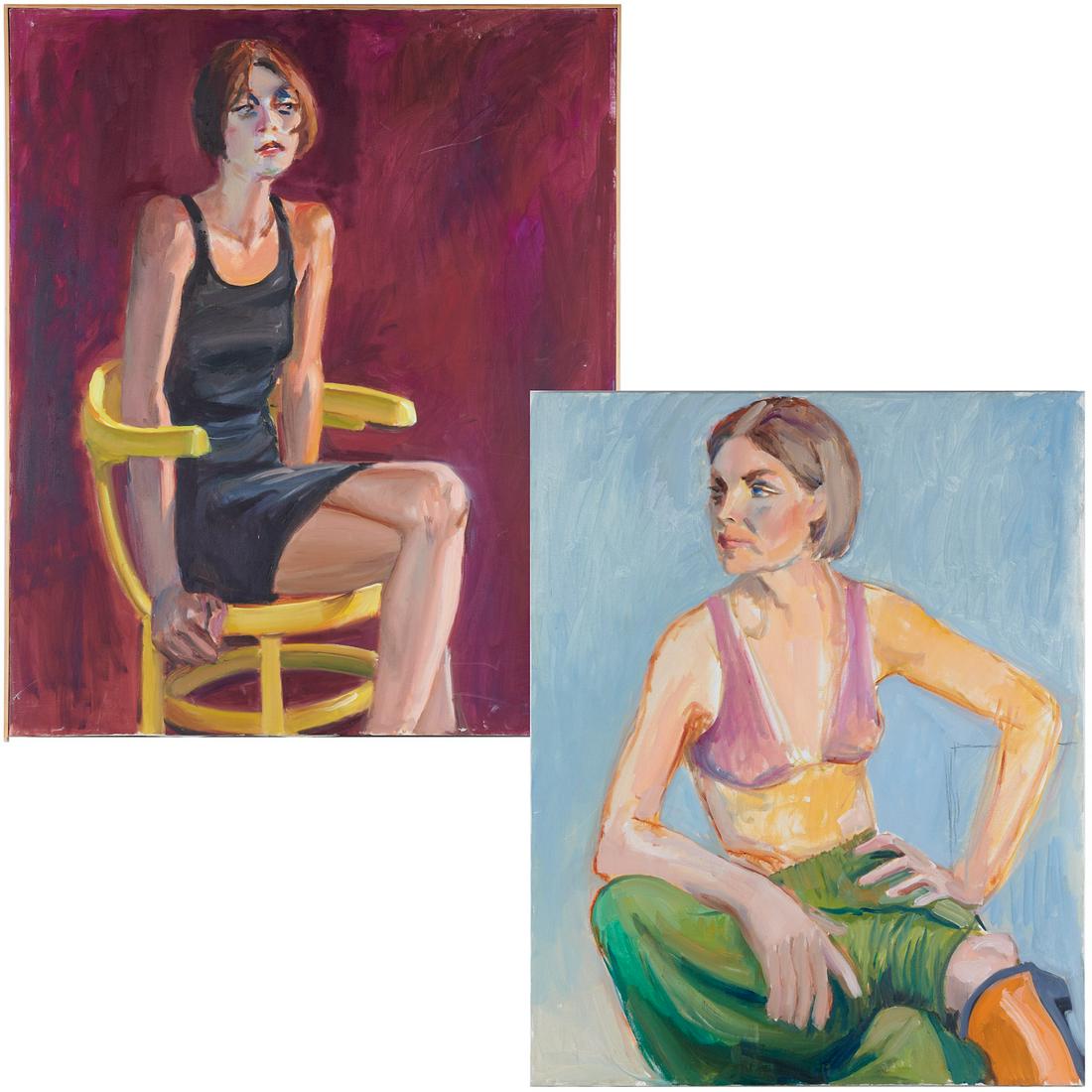 David Shaw, pair female portrait paintings: David Shaw, pair female portrait paintings, David Shaw (American, b.1941), oil on canvas, one signed on verso, 36"h x 30.5"w and 30"h x 24"w