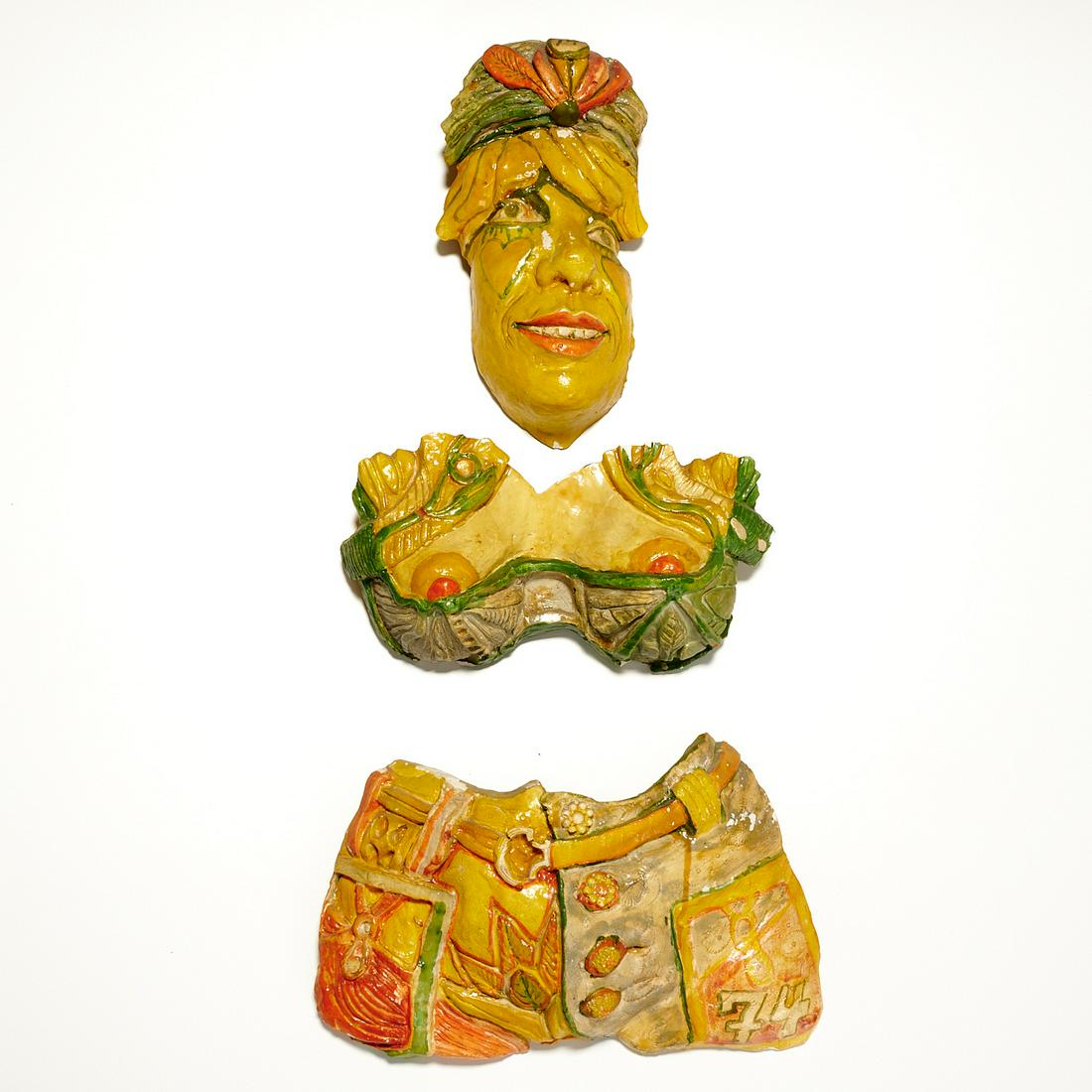 John Ziegenhagen, ceramic sculpture triptych: John Ziegenhagen, ceramic sculpture triptych, John Ziegenhagen (American, 20th c.), Exotic costumed female figure, 1974, painted cast plaster in three parts, each signed and dated, approx. 25"h x 14"w