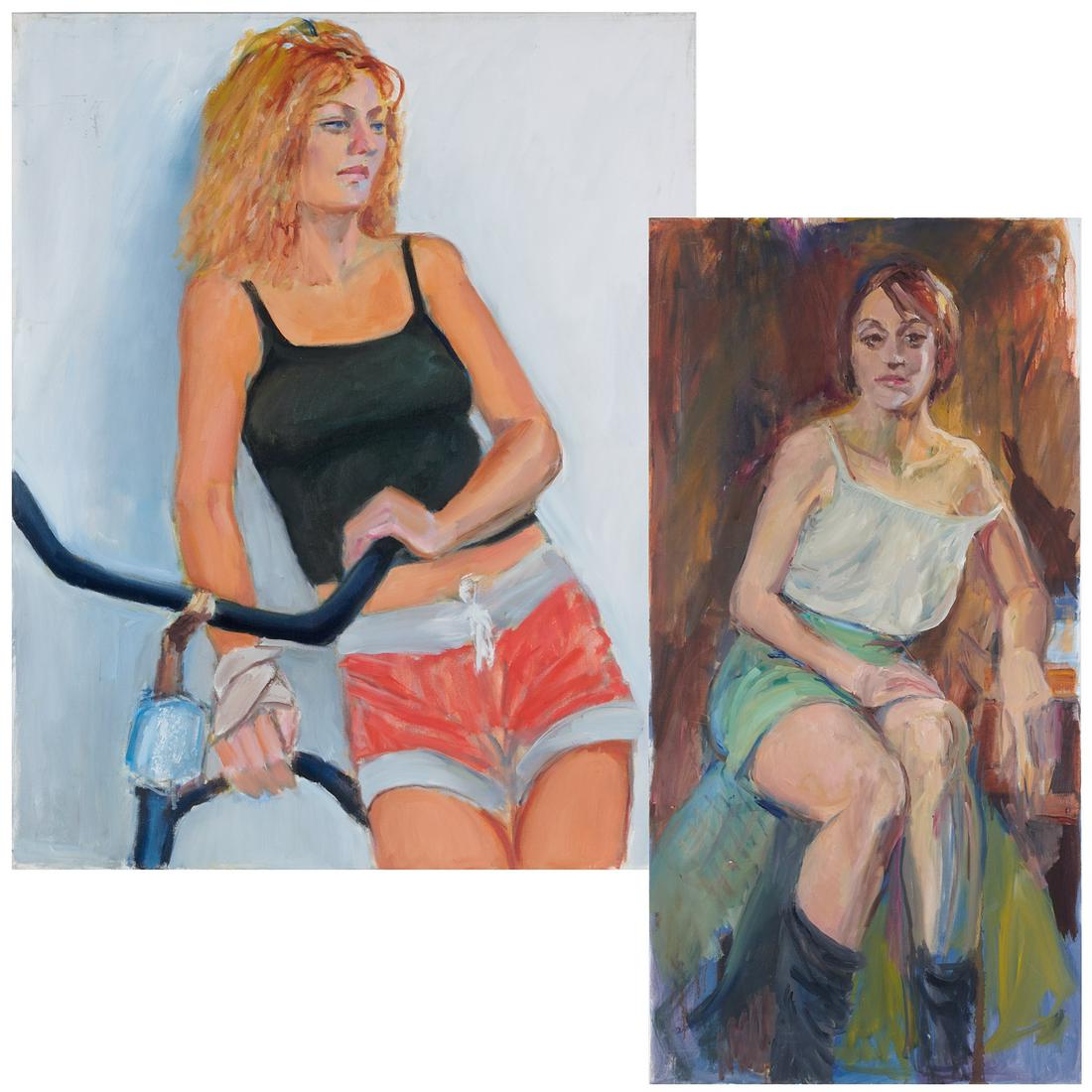 (2) portrait paintings, incl. David Shaw: (2) portrait paintings, incl. David Shaw, David Shaw (American, b. 1941), Woman with bicycle, oil on canvas, signed on canvas edge, 30"h x 24"w, unframed; with Portrait of a Seated Woman, oil on canva