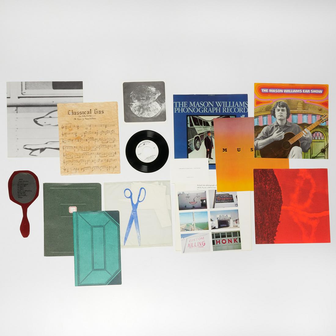 Mason Williams Scope Box vintage promo kit: Mason Williams Scope Box vintage promo kit, Promotional kit for the "Mason Williams Phonograph Record", Warner Bros Records, includes misc printed pieces such as music for his hit "Classical Gas" on s