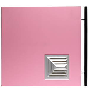 Richard Roth, large scale mixed media: Richard Roth, large scale mixed media, Richard Roth (American, b. 1946), "Pink Painting with Vent and Rail", 1989, acrylic with vent on thick wooden panel and attached black lacquered metal rail, sign
