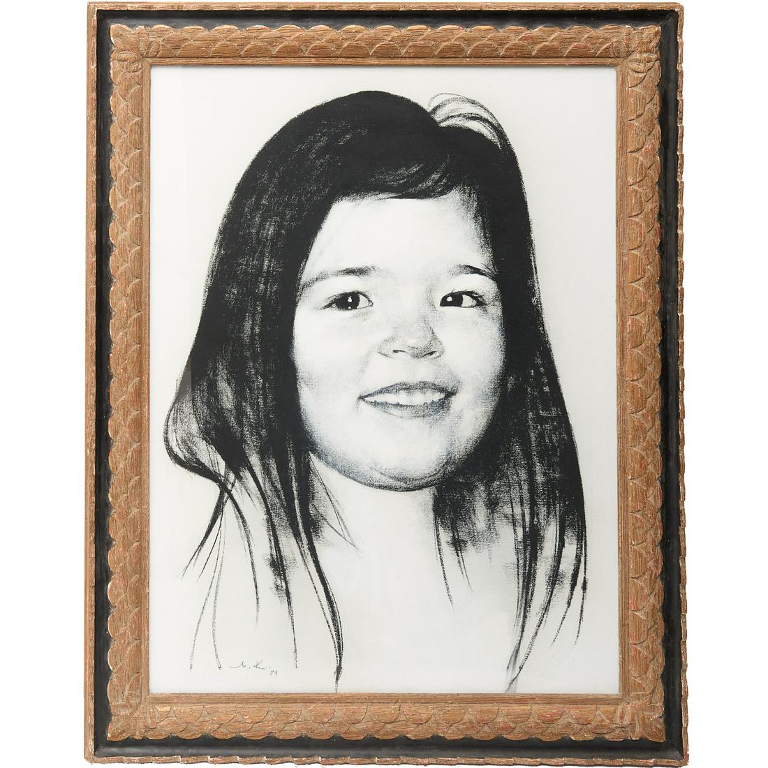 Marc Klionsky, large portrait: Marc Klionsky, large portrait, Marc Klionsky (Russian/American, 1907-2017), "Portrait of Laila", 1989, charcoal on canvas, initialed "M.K." and dated at lower left, in a Heydenryk frame, 35.5"h x 26.5