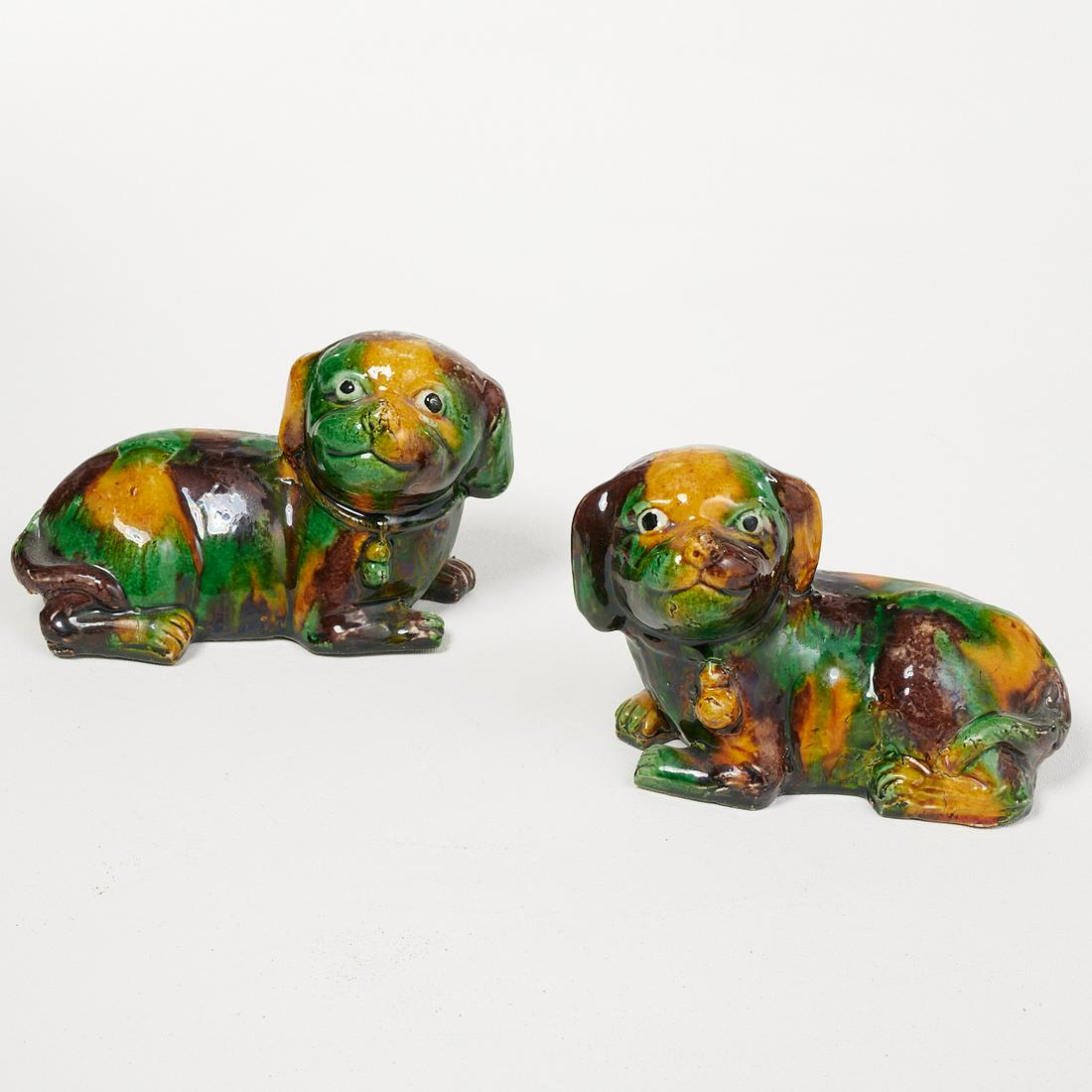Pair Chinese sancai glazed recumbent dogs (1 of 4)