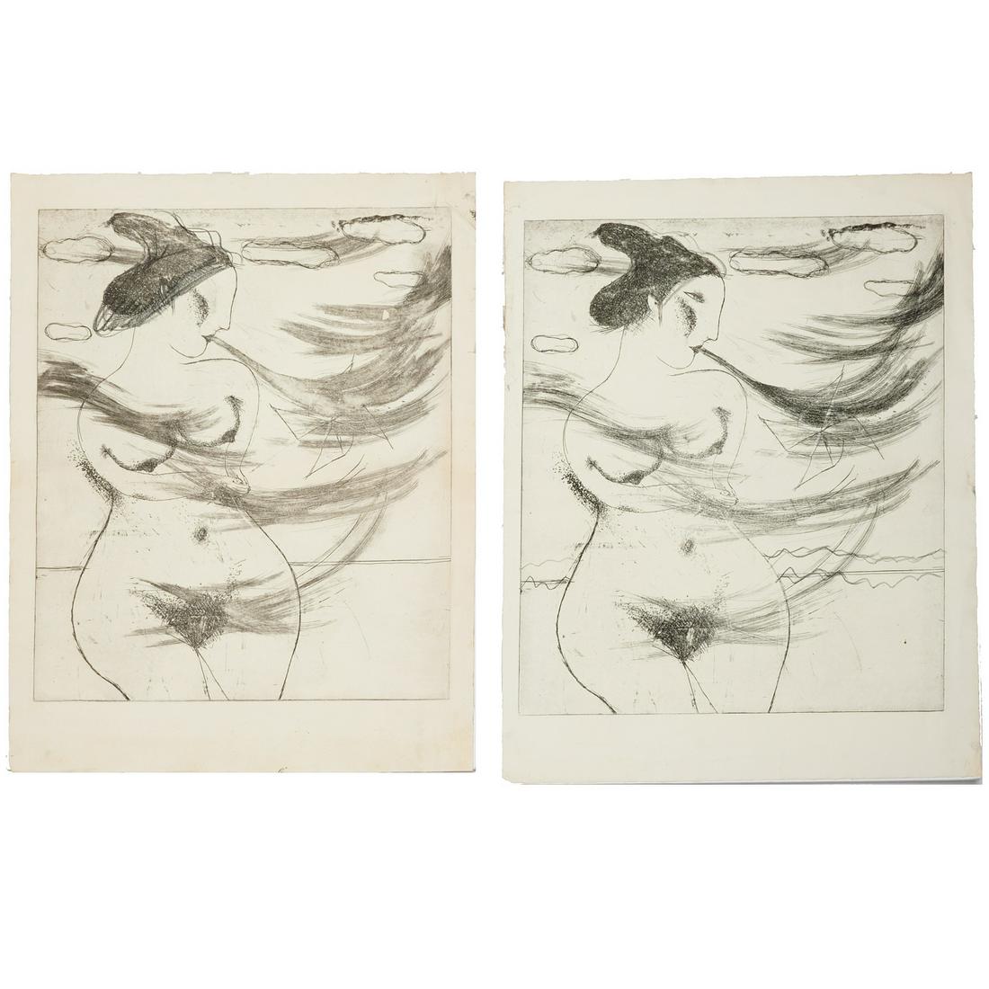 Mayumi Oda, pair of etching proofs: Mayumi Oda, pair of etching proofs, Mayumi Oda (Japanese, b. 1941), Two variations on Nude with Pinwheel, apparently test sheets, no signature, artist's name on verso, 26'h x 20"w