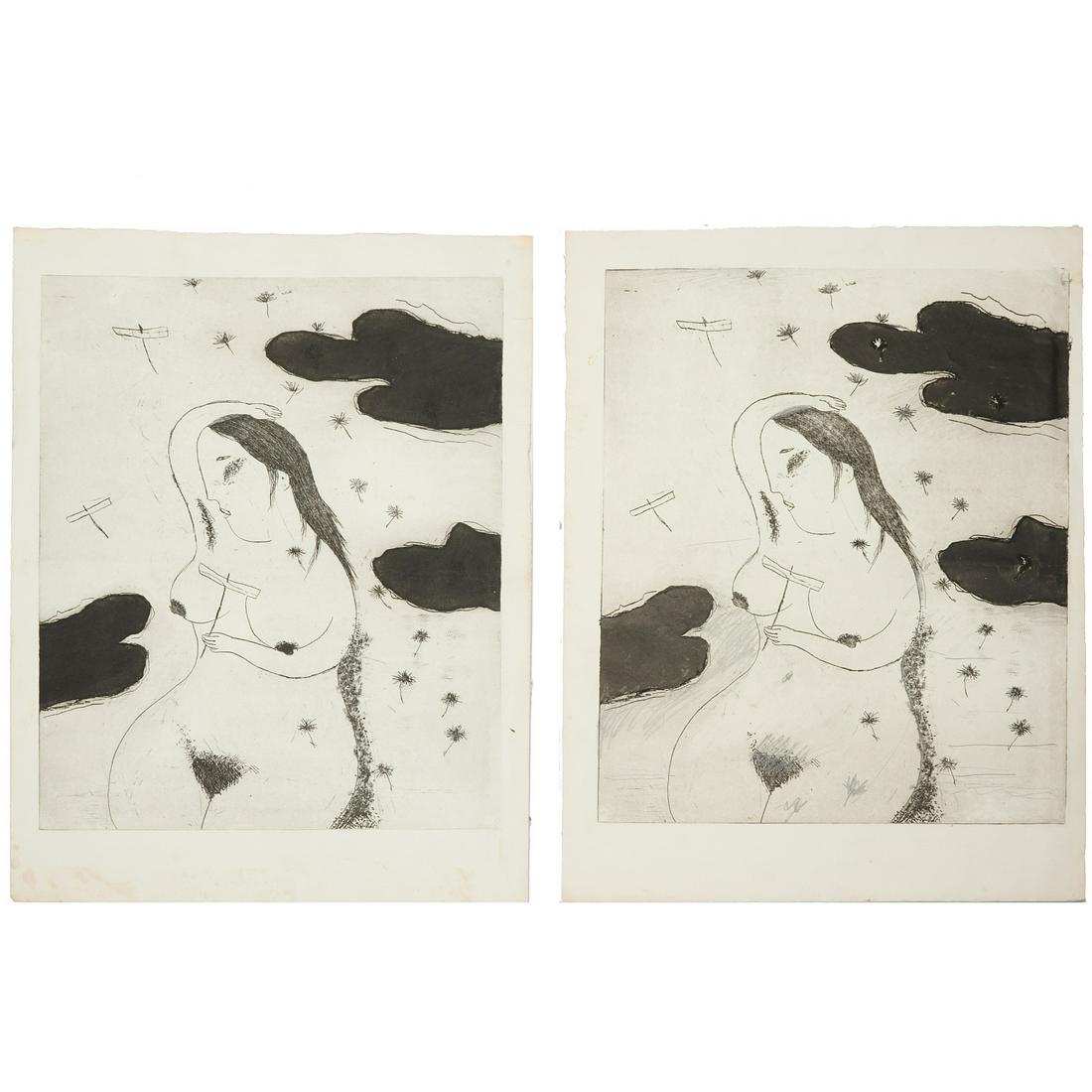 Mayumi Oda, pair of etching proofs: Mayumi Oda, pair of etching proofs, Mayumi Oda (Japanese, b. 1941), two variations on Nude with Dandelions, apparently test sheets, no signature, artist's name on verso, 26'h x 20"w