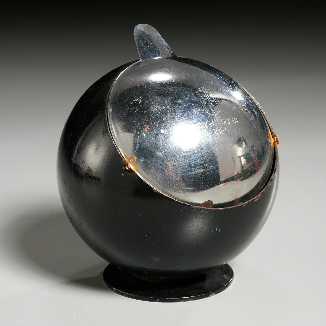 Art Deco Polish Ocean Lines "Ball" ashtray: Art Deco Polish Ocean Lines "Ball" ashtray, First half 20th c., black-painted and polished metal, front hinged, 4.5"h x 4"dia