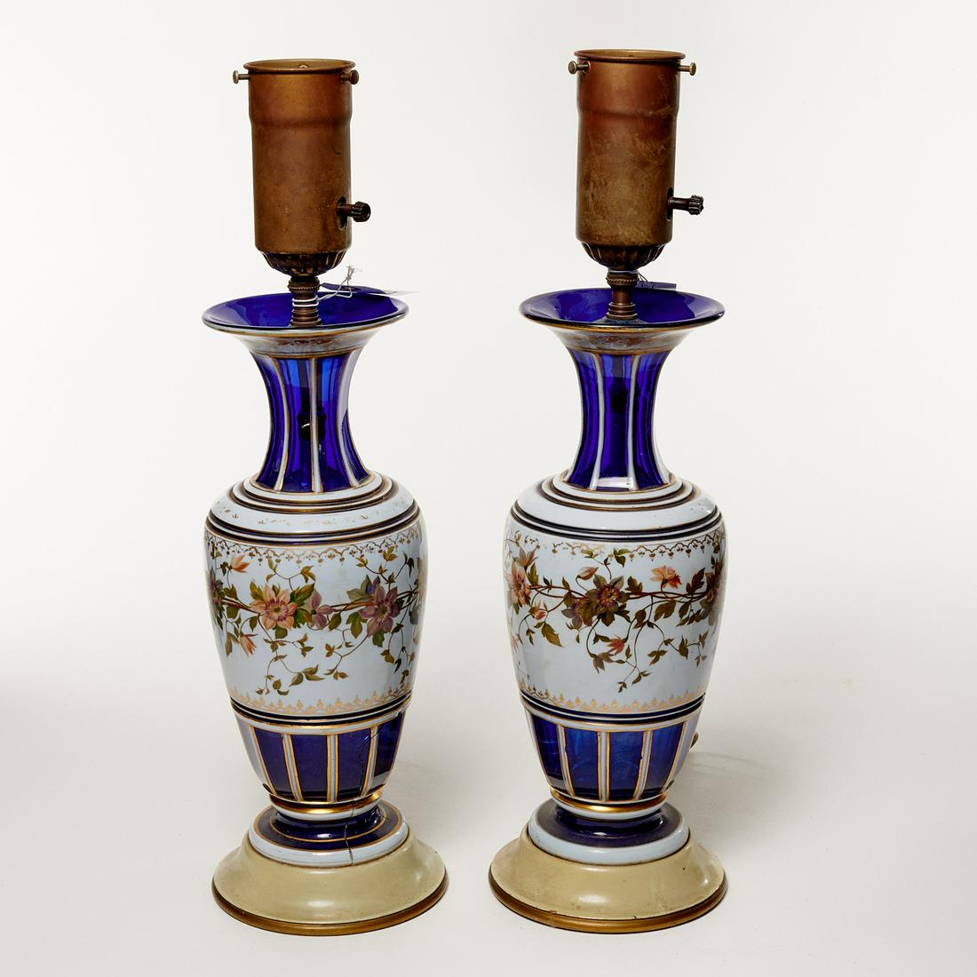 Pair Bohemian enameled cased glass vase lamps (1 of 6)