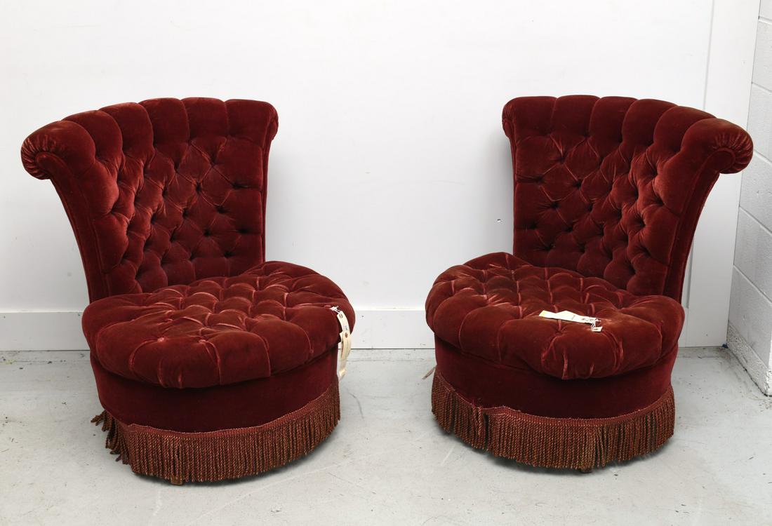 Pair Victorian button tufted velvet slipper chairs (1 of 7)