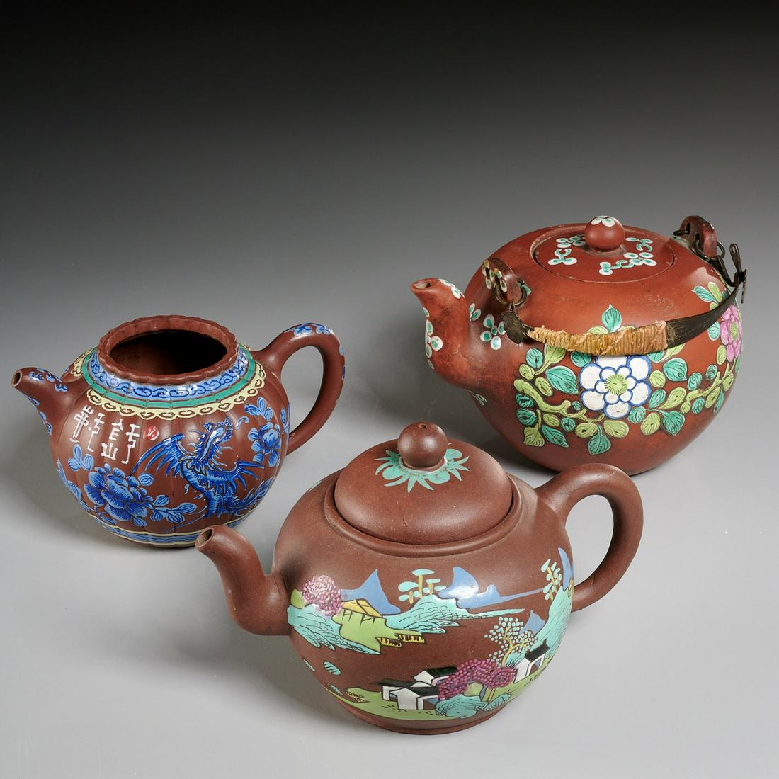 (3) Chinese Yixing enameled teapots (1 of 9)