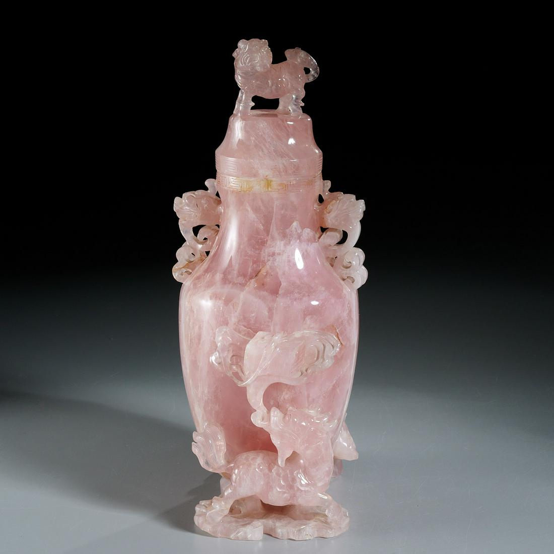 Large Chinese carved rose quartz vase and cover (1 of 6)