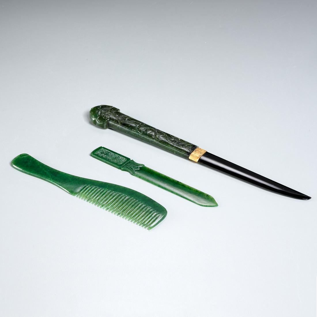 (3) Chinese green jade personal accessories (1 of 5)