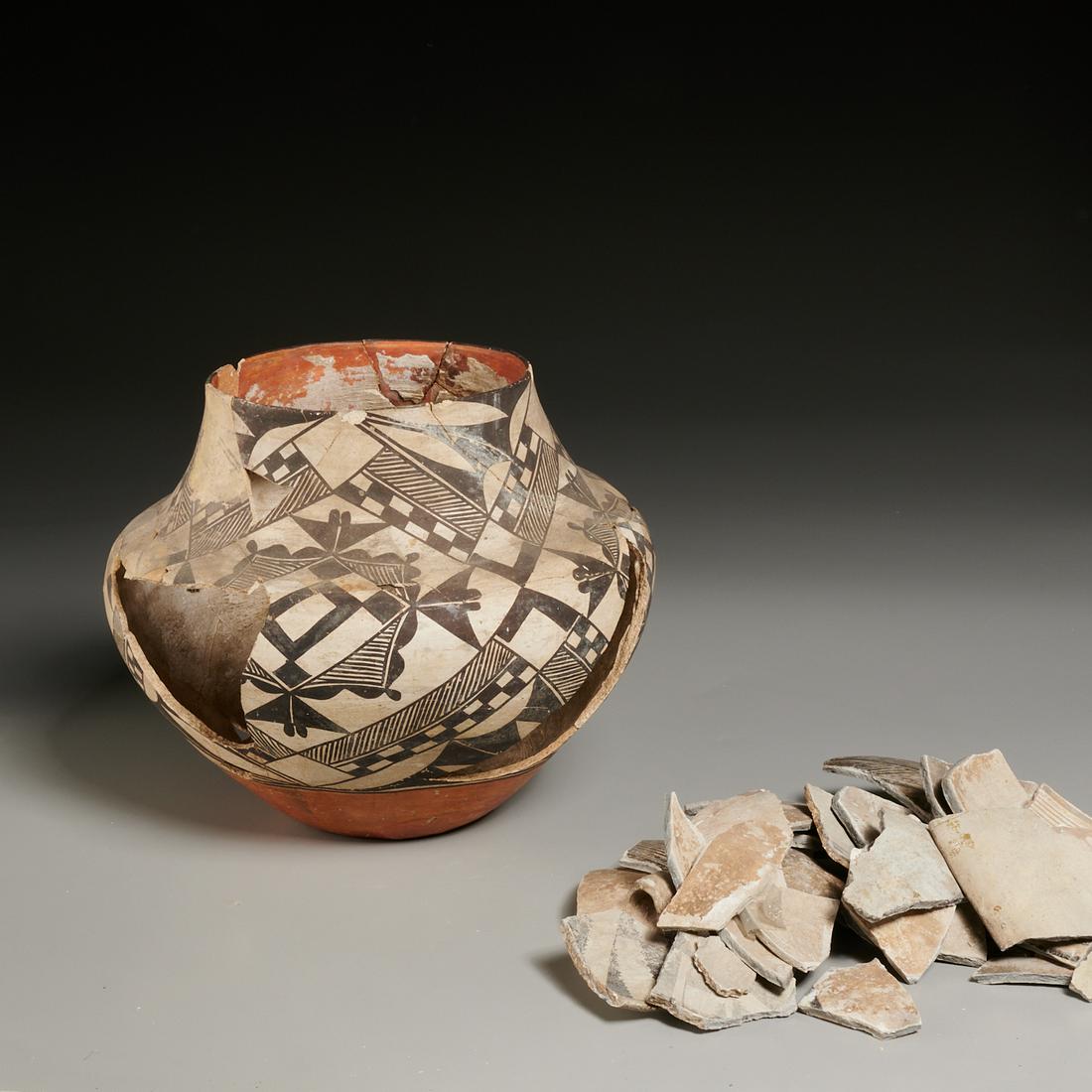 Large old Acoma pot and fragments, prerestoration (1 of 5)