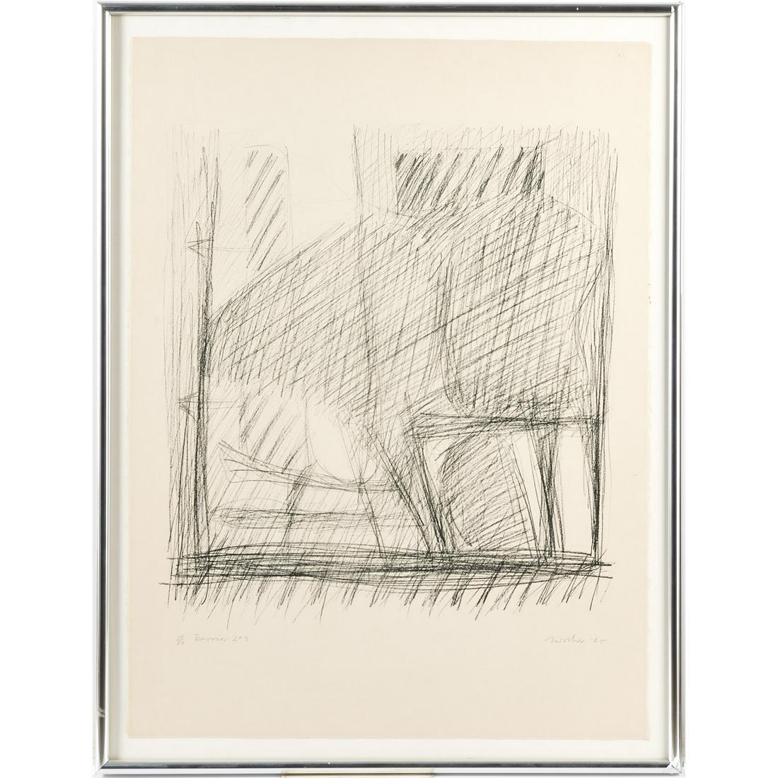 Jack Tworkov, black and white lithograph, 1965: Jack Tworkov, black and white lithograph, 1965, Jack Tworkov (American, 1900â€“1982), "Barrier L-3", pencil signed, titled and numbered 10/50 along lower margins, framed under glass, 30"h Ã— 2
