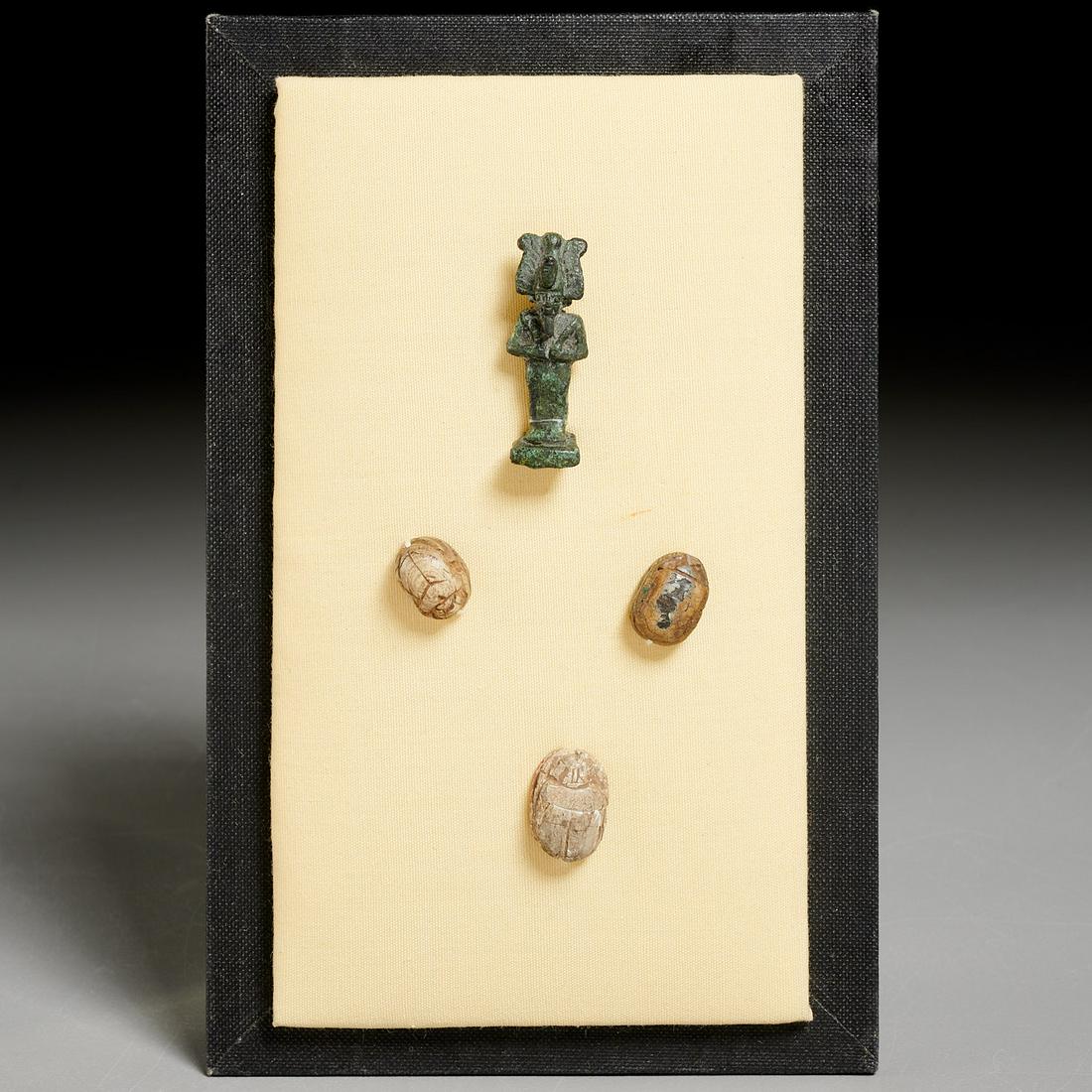 (3) Egyptian scarabs and bronze amulet, ex-museum (1 of 5)