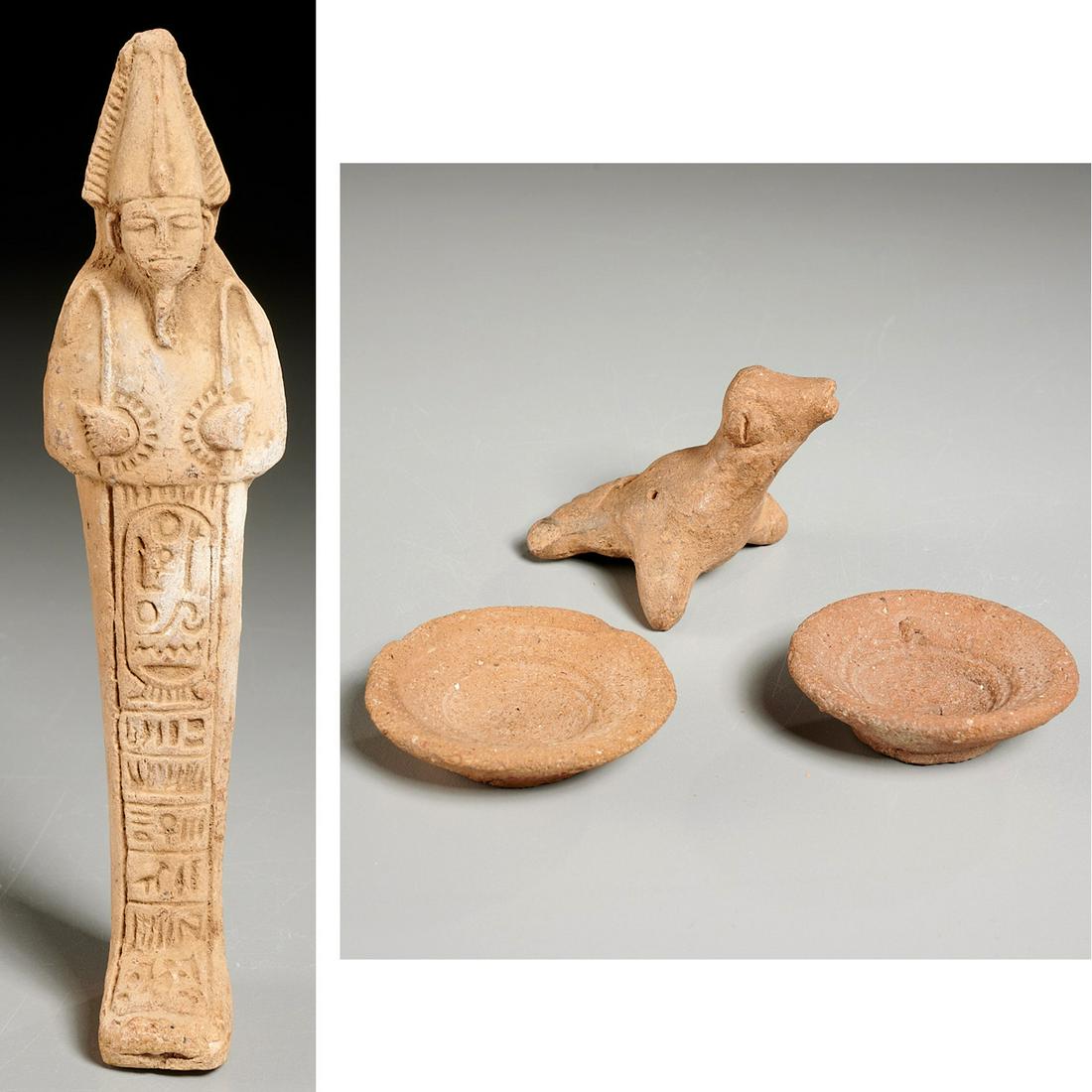 Egyptian whistle, (2) bowls, & Ushabti, ex-museum (1 of 9)