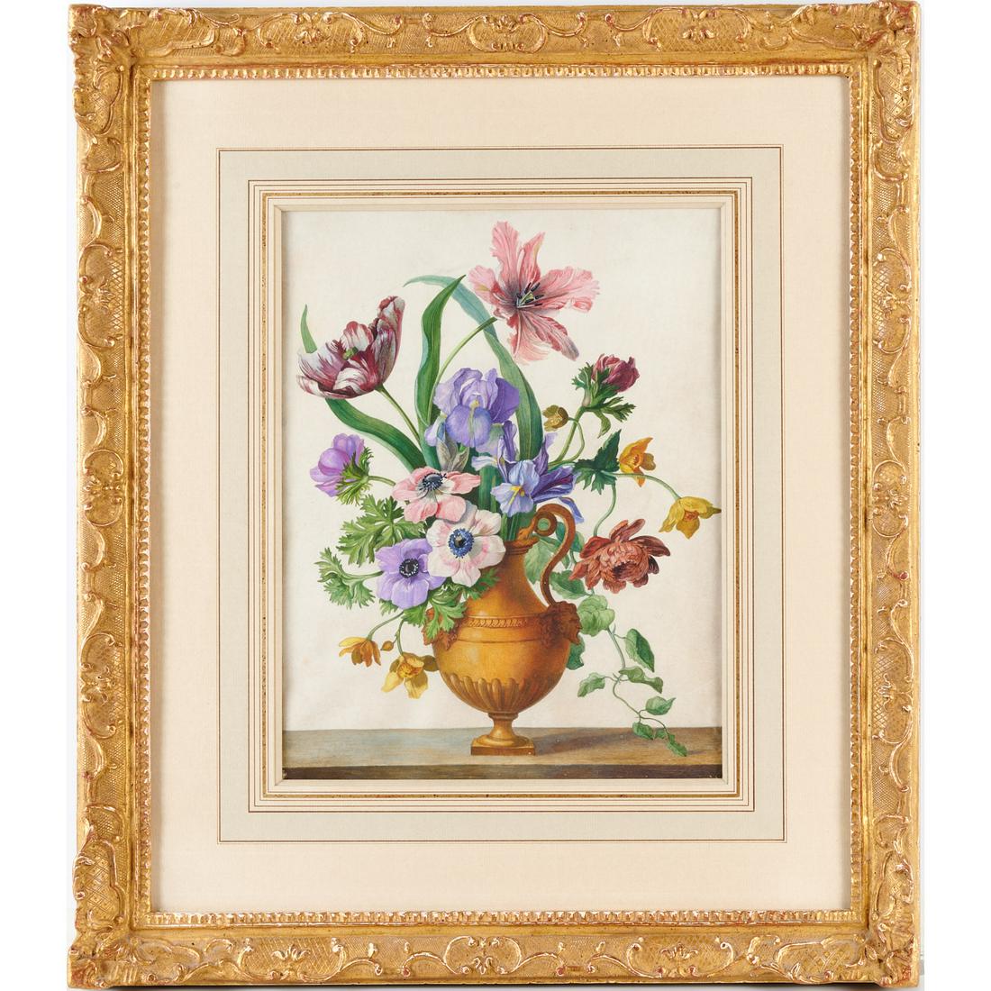 Herman Henstenburgh (circle), painting: Herman Henstenburgh (circle), painting, Herman Henstenburgh (Dutch, 1667-1726), Urn with Flowers and Parrot Tulips, gouache on vellum, no signature visible, 13.25"h x 10.25"w (sight), 22.5"h x 19.5"w 