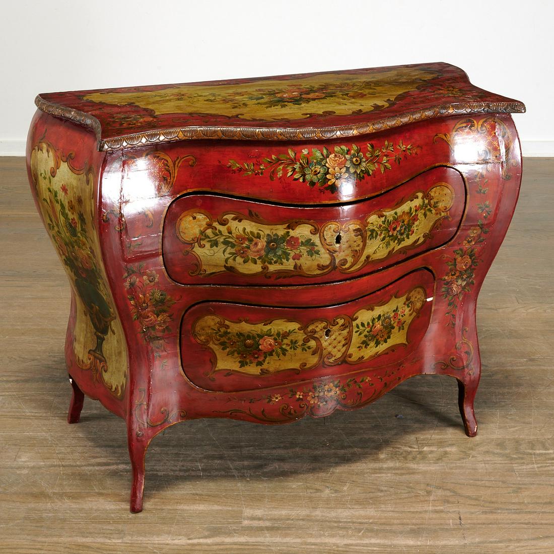 Venetian paint decorated bombe commode (1 of 7)