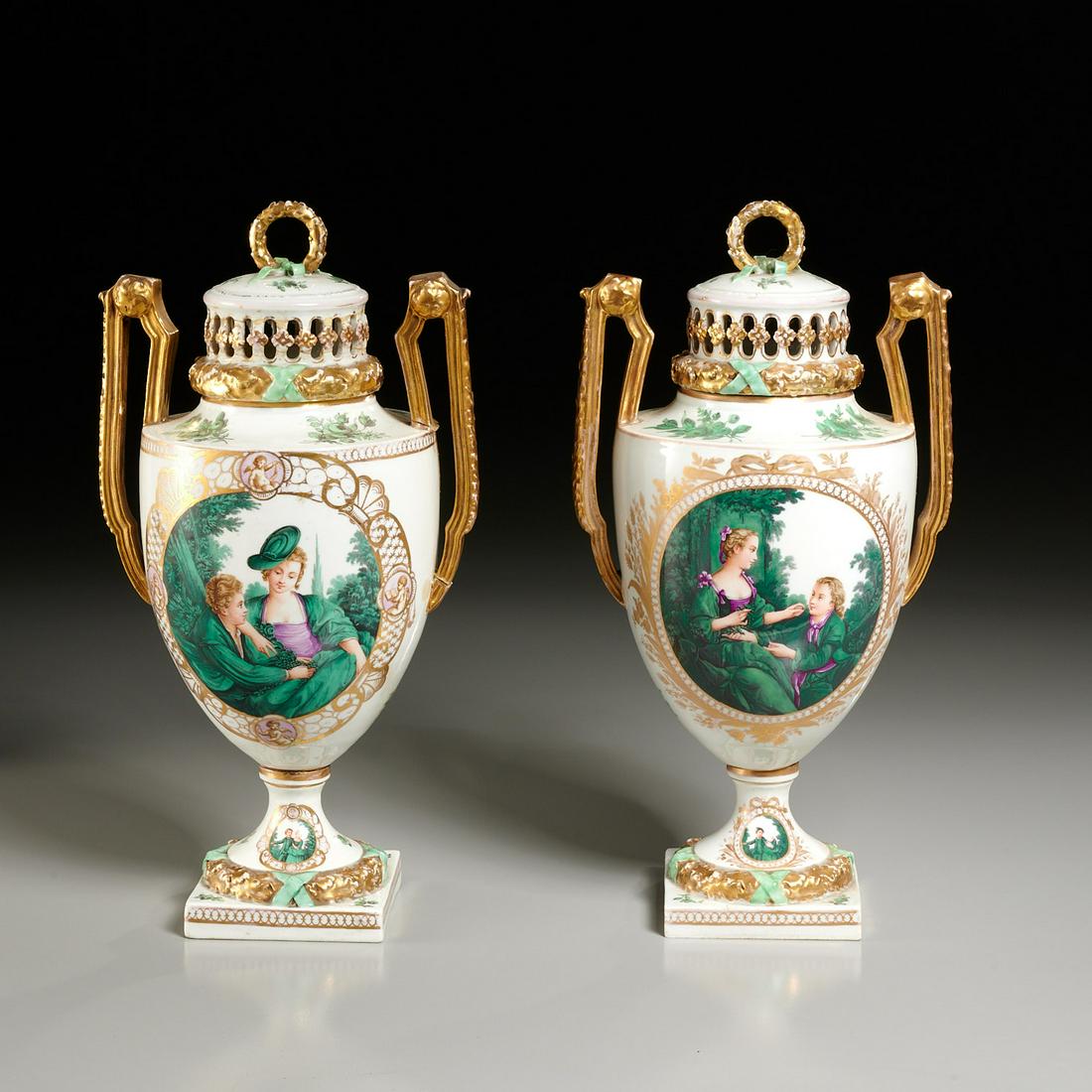 Fine pair Meissen hand painted lidded urns (1 of 8)
