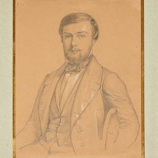 Thomas Couture, drawing: Thomas Couture, drawing, Thomas Couture (French, 1815-1879), Portrait of a Gentleman, pencil and white chalk on paper, initialed center at right, matted, 8.75"h x 6.5"w (sight)