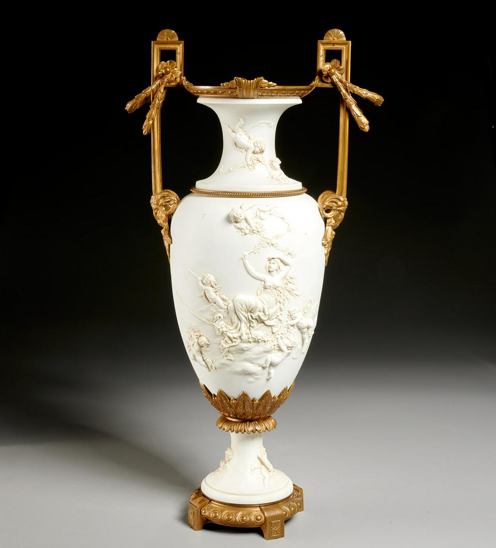 Large Sevres style bronze mounted bisque urn (1 of 8)