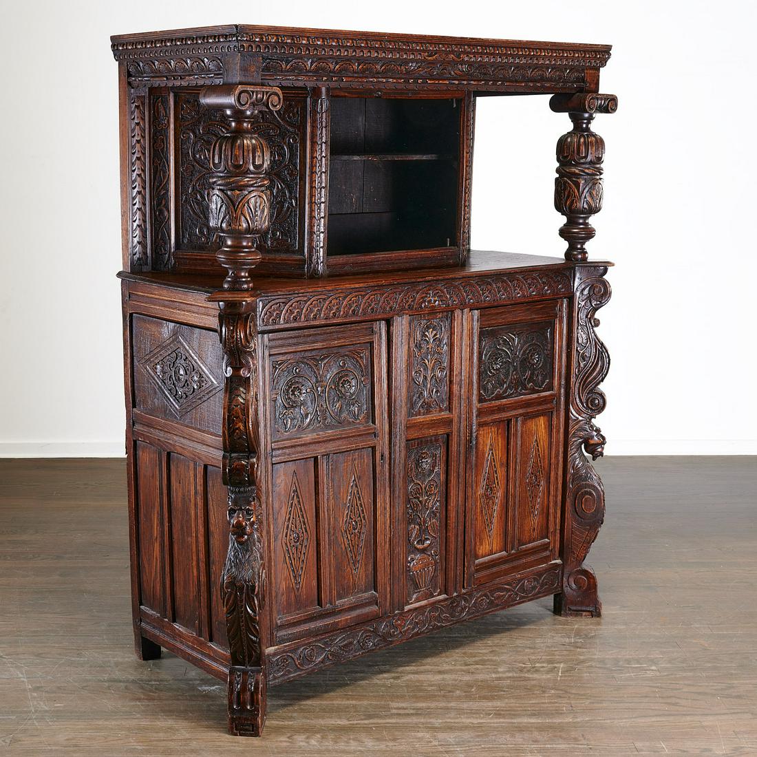 Antique English carved oak court cupboard (1 of 8)